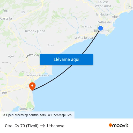 Ctra. Cv-70 (Tivoli) to Urbanova map