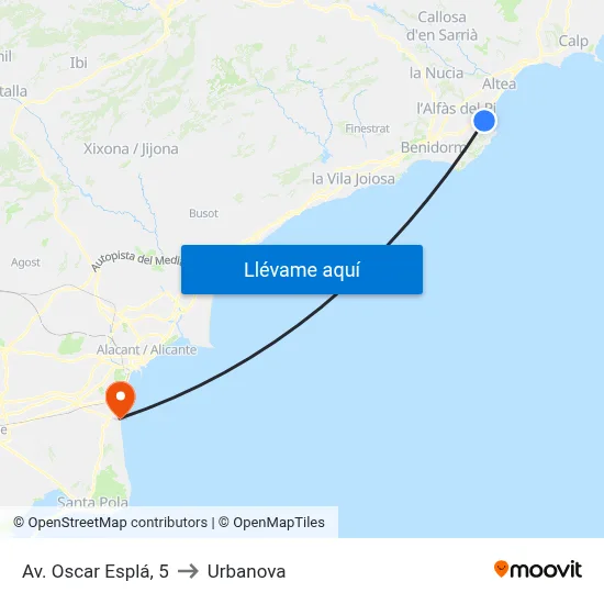 Av. Oscar Esplá, 5 to Urbanova map