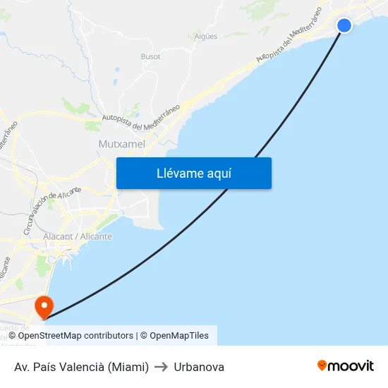 Av. País Valencià (Miami) to Urbanova map