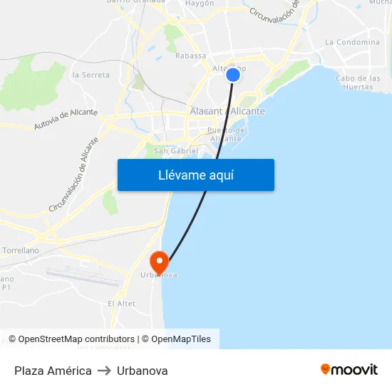 Plaza América to Urbanova map