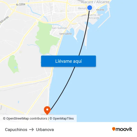 Capuchinos to Urbanova map