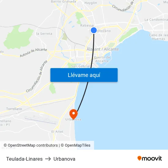 Teulada-Linares to Urbanova map