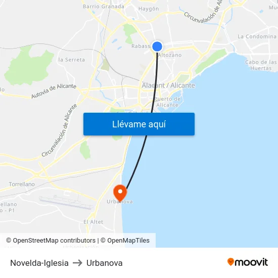 Novelda-Iglesia to Urbanova map