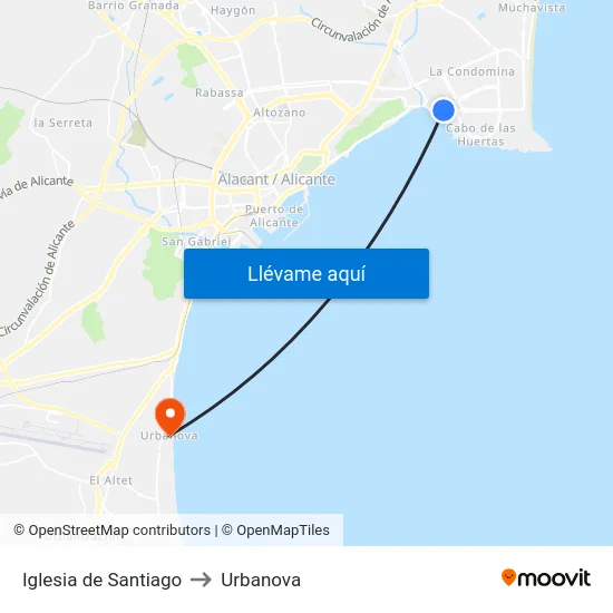 Iglesia de Santiago to Urbanova map