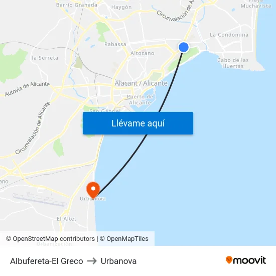 Albufereta-El Greco to Urbanova map