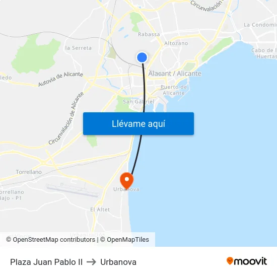 Plaza Juan Pablo II to Urbanova map