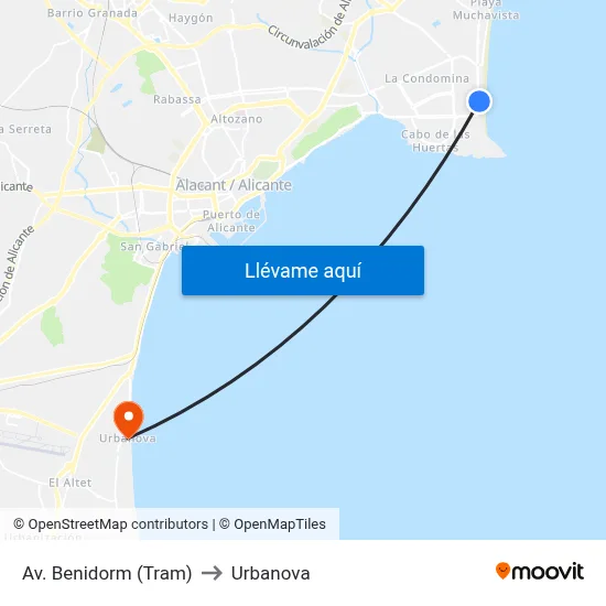 Av. Benidorm (Tram) to Urbanova map