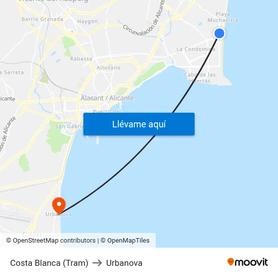 Costa Blanca (Tram) to Urbanova map