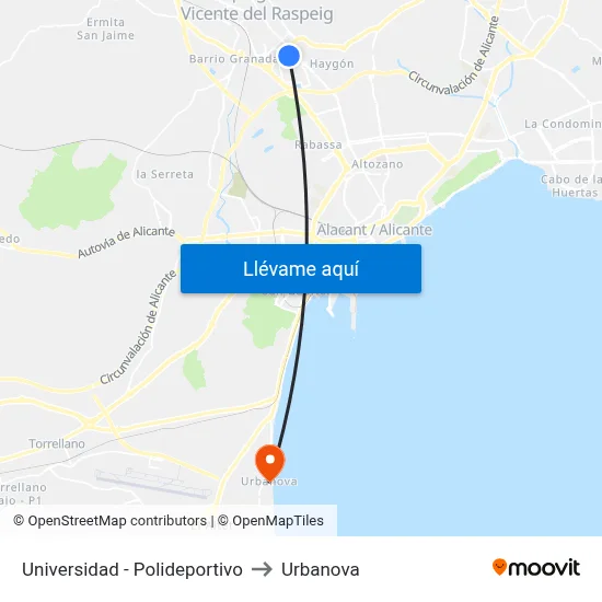 Universidad - Polideportivo to Urbanova map