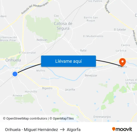 Orihuela - Miguel Hernández to Algorfa map