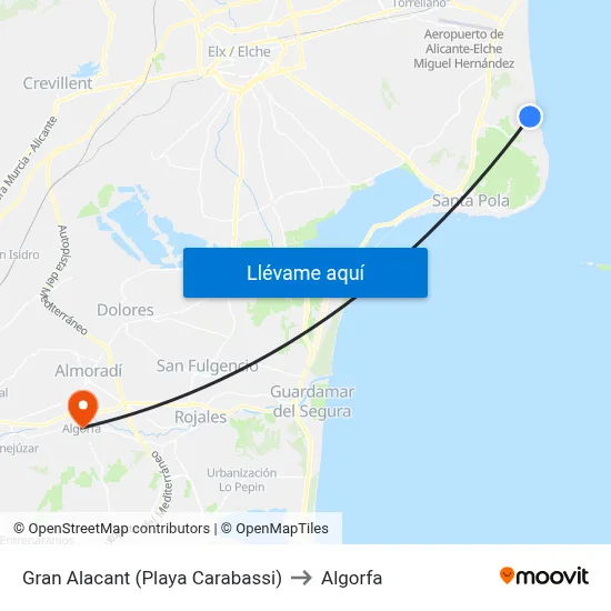 Gran Alacant (Playa Carabassi) to Algorfa map