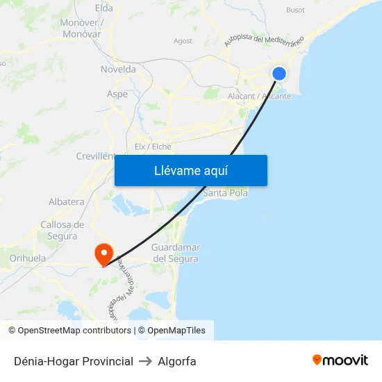 Dénia-Hogar Provincial to Algorfa map