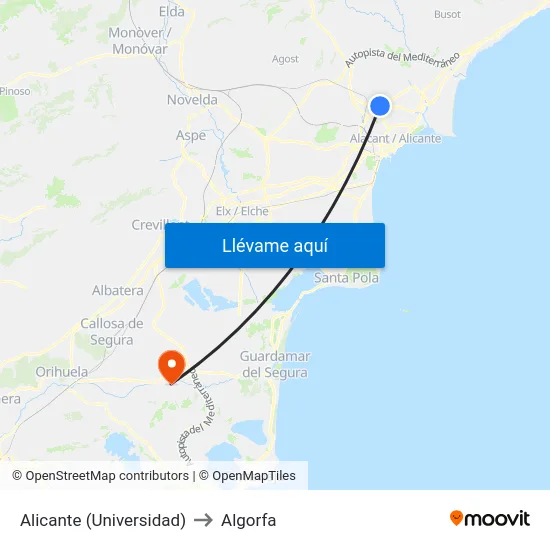 Alicante (Universidad) to Algorfa map