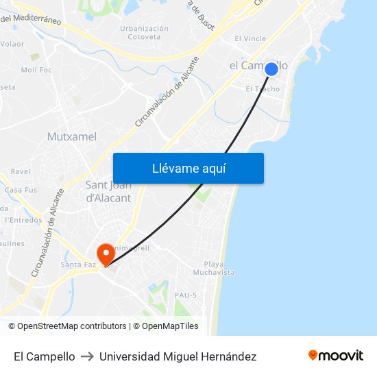 El Campello to Universidad Miguel Hernández map