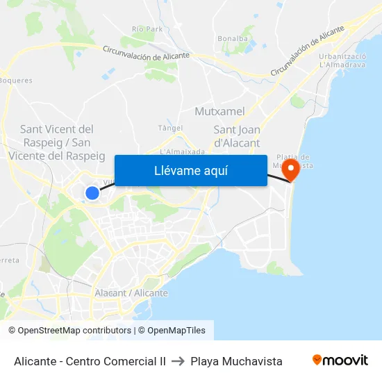 Alicante - Centro Comercial II to Playa Muchavista map