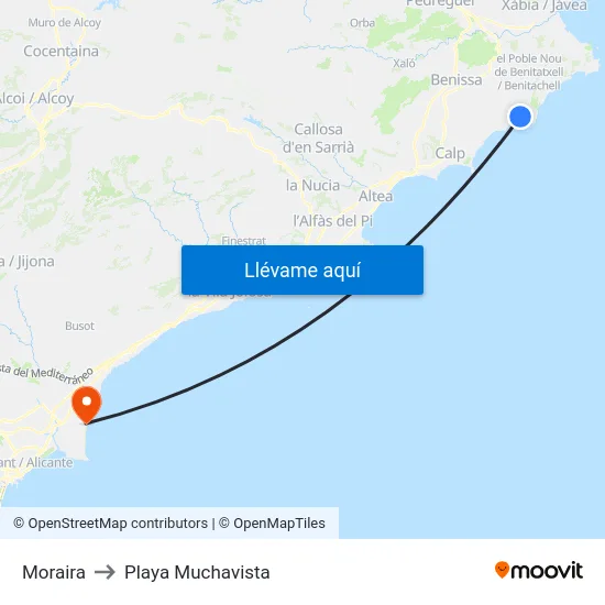 Moraira to Playa Muchavista map