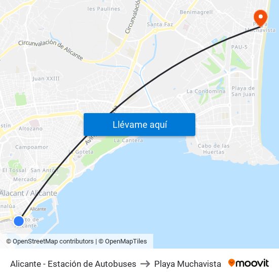 Alicante - Estación de Autobuses to Playa Muchavista map