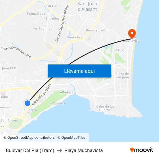 Bulevar Del Pla (Tram) to Playa Muchavista map