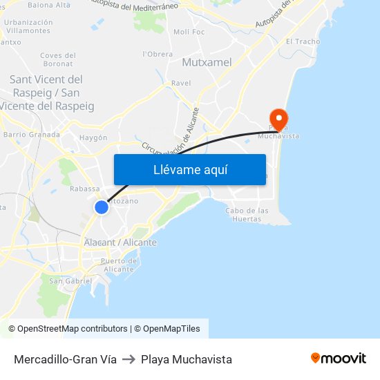 Mercadillo-Gran Vía to Playa Muchavista map