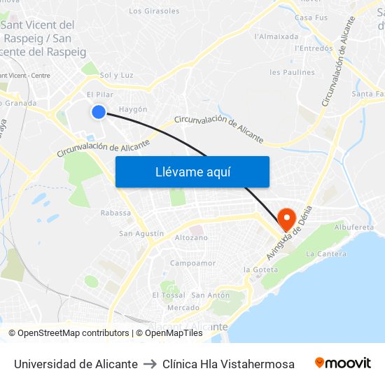 Universidad de Alicante to Clínica Hla Vistahermosa map