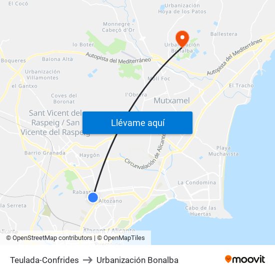 Teulada-Confrides to Urbanización Bonalba map