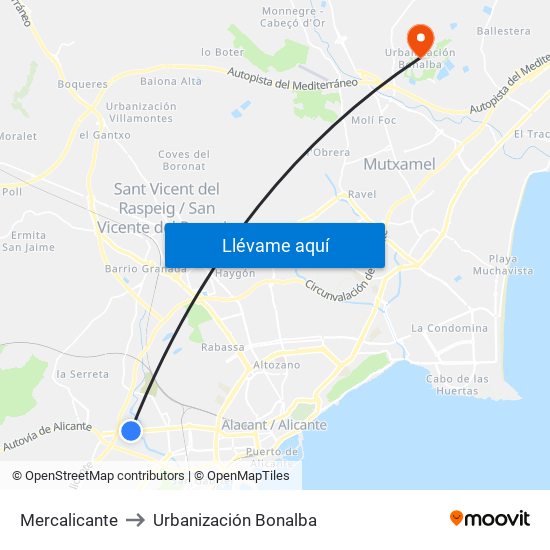 Mercalicante to Urbanización Bonalba map