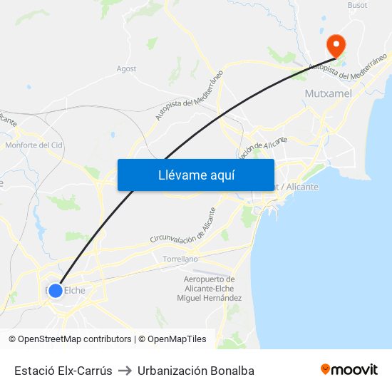 Estació Elx-Carrús to Urbanización Bonalba map