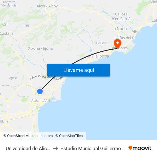 Universidad de Alicante to Estadio Municipal Guillermo Amor map