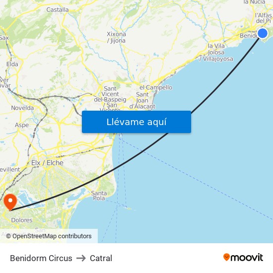 Benidorm Circus to Catral map