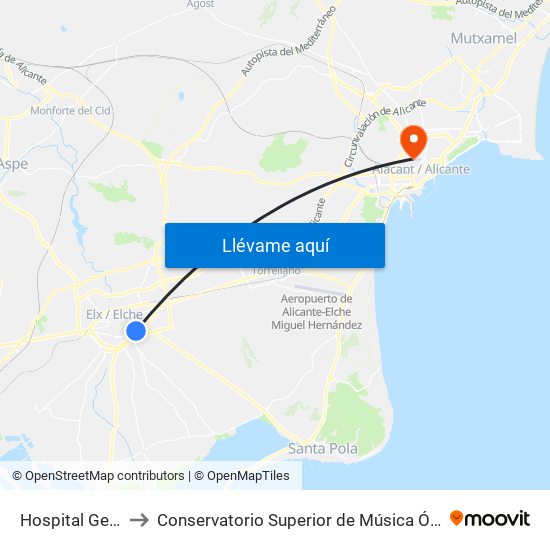 Hospital General to Conservatorio Superior de Música Óscar Esplá map