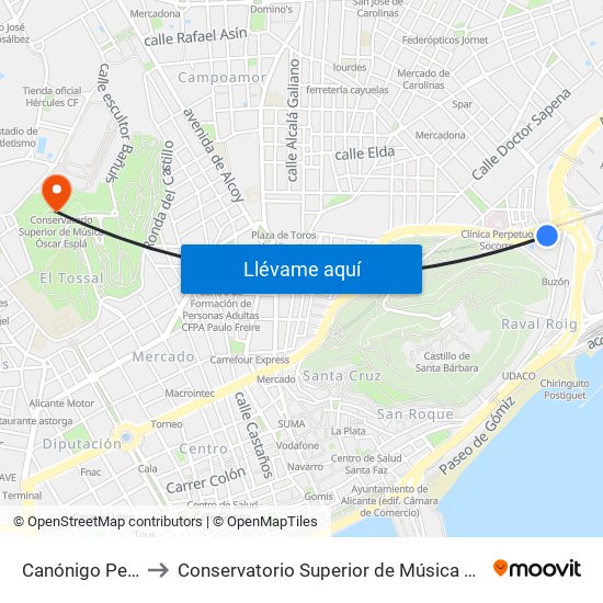 Canónigo Penalva to Conservatorio Superior de Música Óscar Esplá map