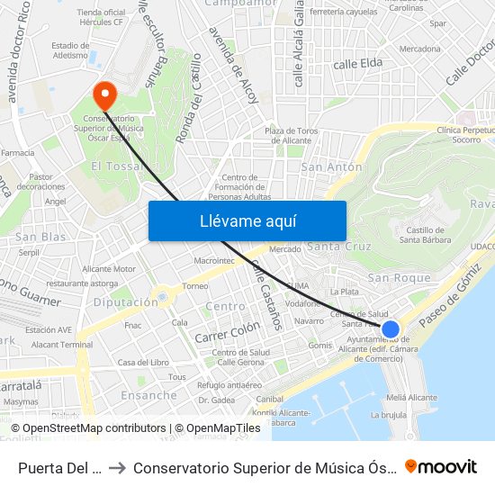Puerta Del Mar to Conservatorio Superior de Música Óscar Esplá map