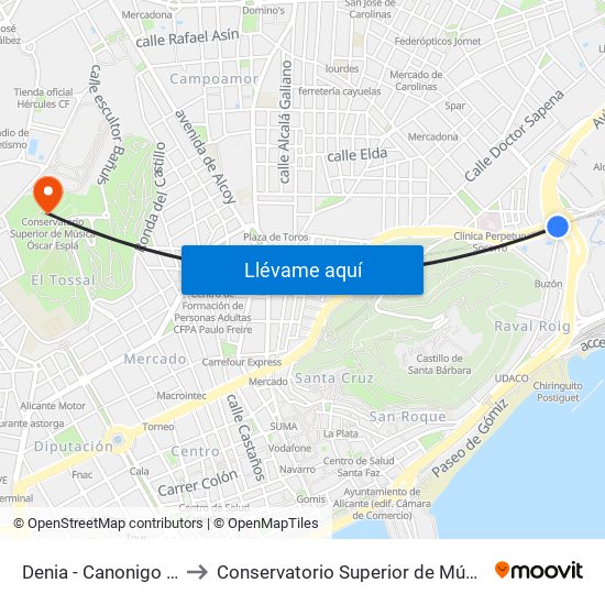 Denia - Canonigo Penalva II to Conservatorio Superior de Música Óscar Esplá map