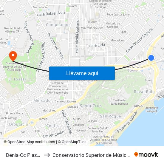 Denia-Cc Plaza Mar 2 to Conservatorio Superior de Música Óscar Esplá map