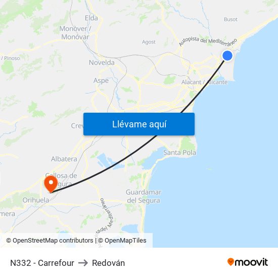 N332 - Carrefour to Redován map