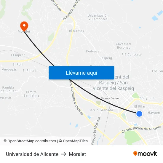 Universidad de Alicante to Moralet map