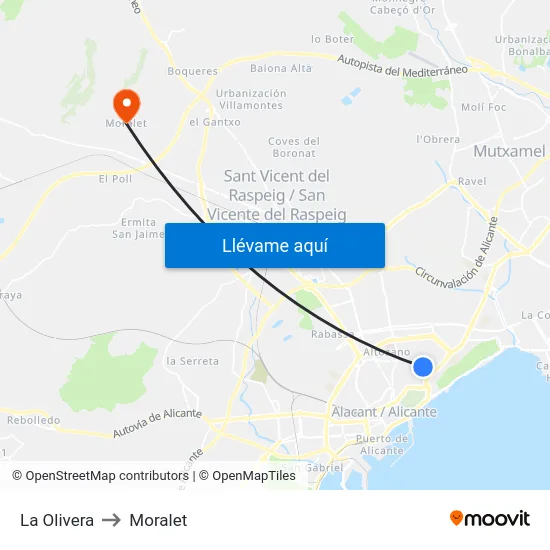 La Olivera to Moralet map