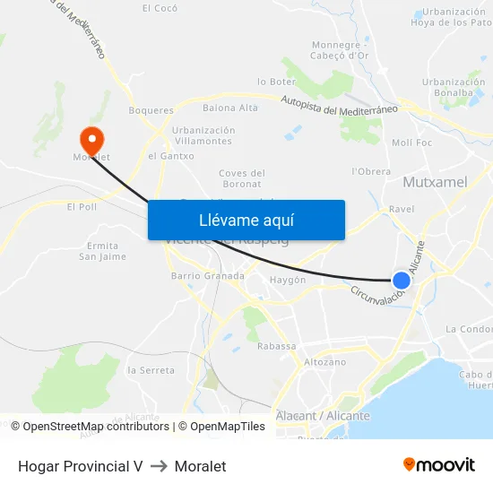 Hogar Provincial V to Moralet map