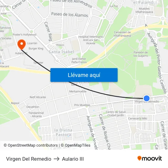Virgen Del Remedio to Aulario III map