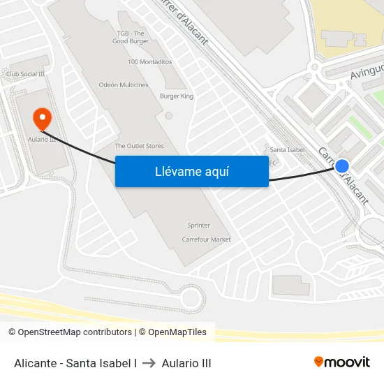 Alicante - Santa Isabel I to Aulario III map