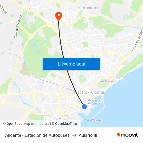 Alicante - Estación de Autobuses to Aulario III map