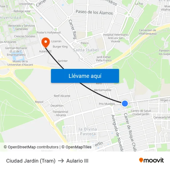 Ciudad Jardín (Tram) to Aulario III map