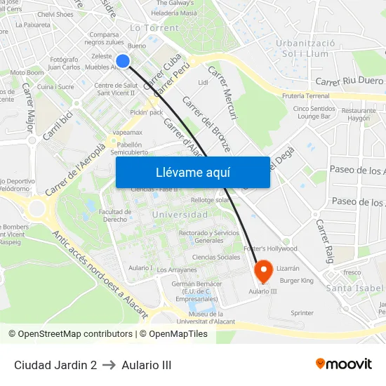 Ciudad Jardin 2 to Aulario III map