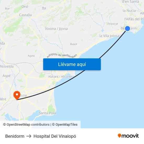 Benidorm to Hospital Del Vinalopó map