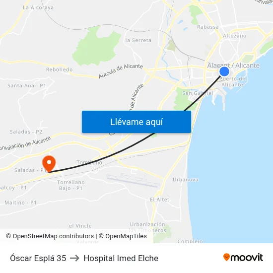Óscar Esplá 35 to Hospital Imed Elche map