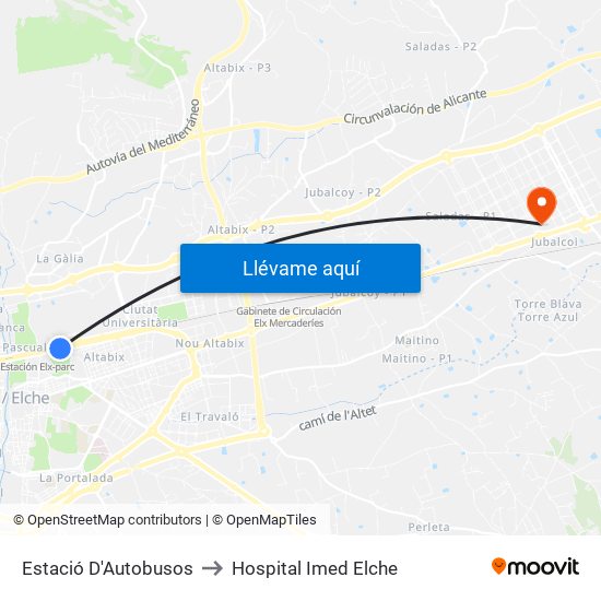 Estació D'Autobusos to Hospital Imed Elche map