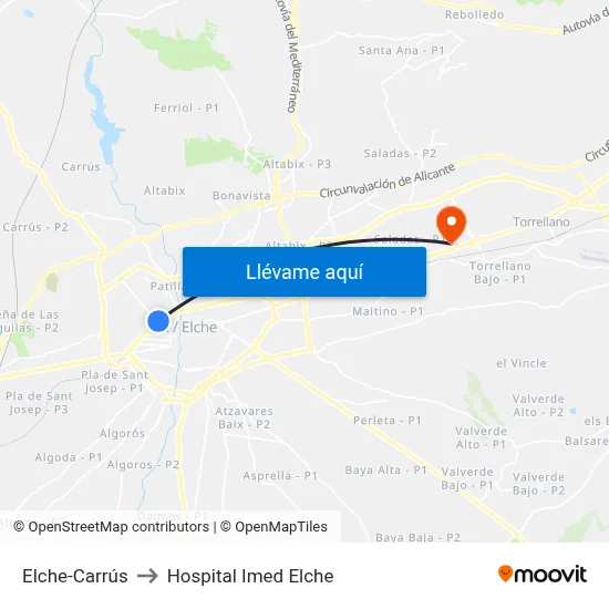 Elche-Carrús to Hospital Imed Elche map
