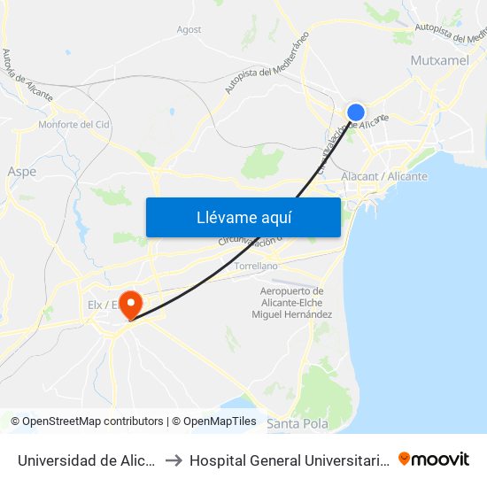 Universidad de Alicante to Hospital General Universitari D'Elx map
