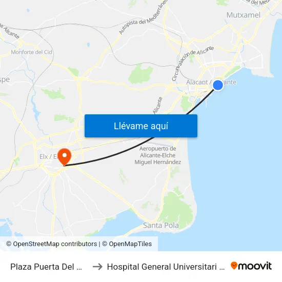Plaza Puerta Del Mar I to Hospital General Universitari D'Elx map