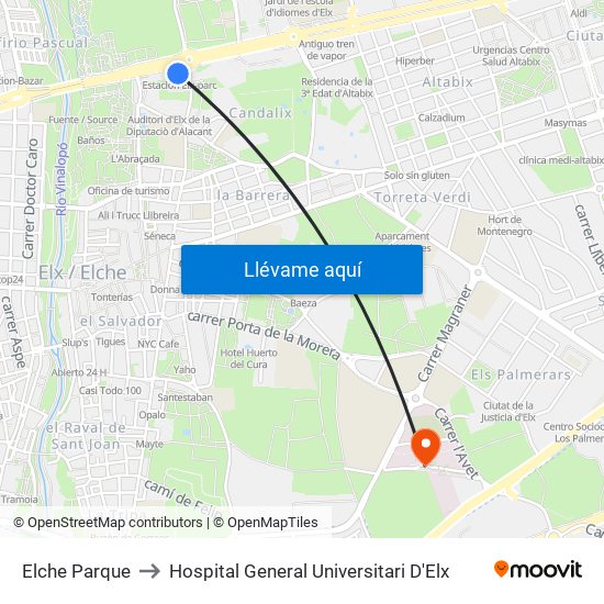 Elche Parque to Hospital General Universitari D'Elx map